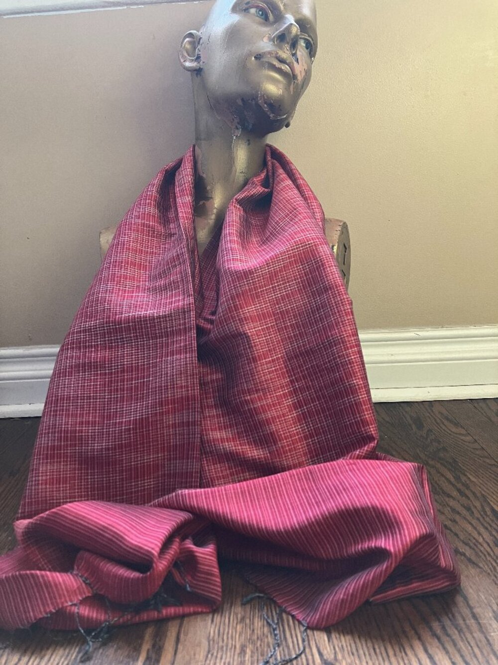 Vintage Silk Scarf Shades of Red Subtle Stipe with a Line Design // Fringed Ends